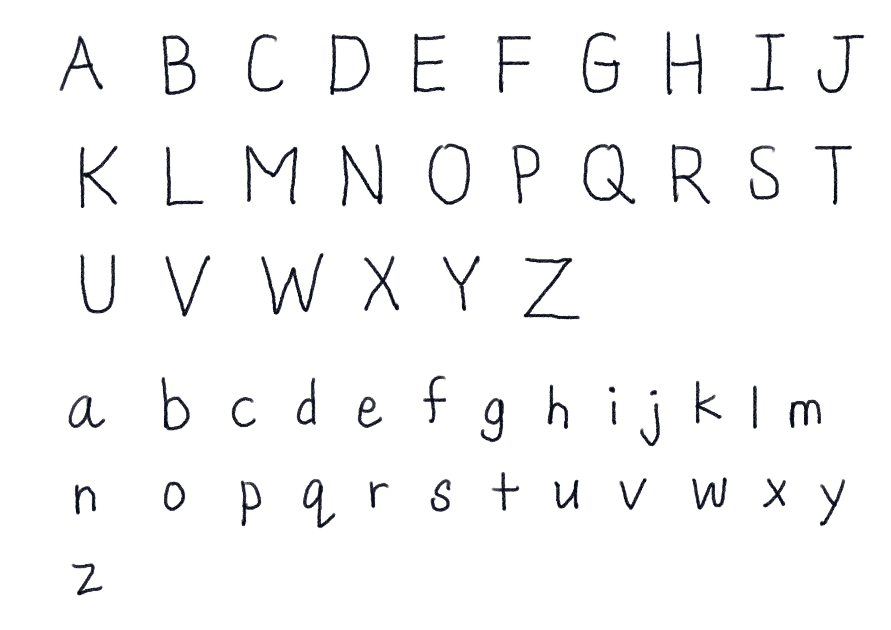 Example of a clearly written uppercase and lowercase alphabet on white paper